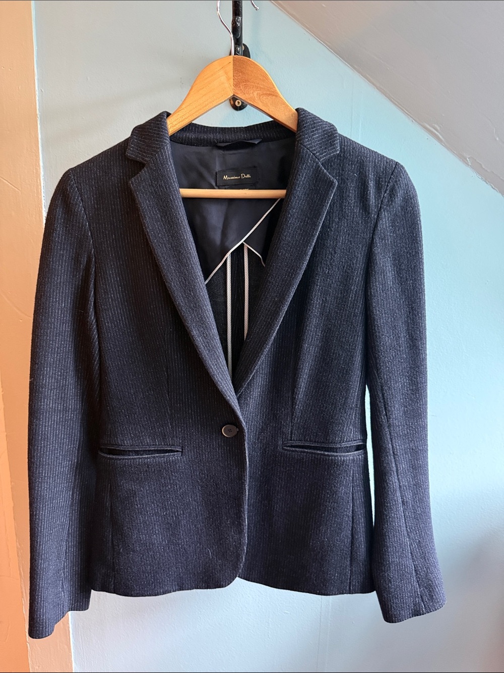 Massimo Dutti Navy Ribbed Single-Button Blazer